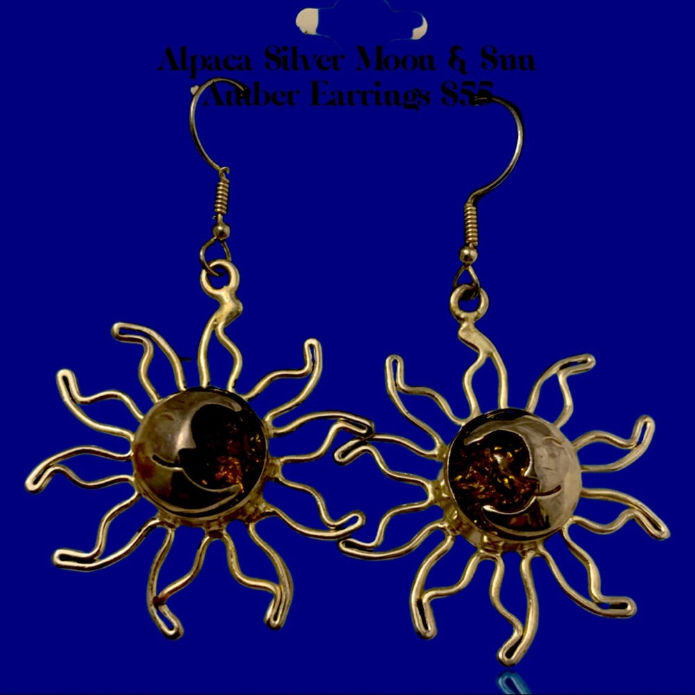 Beautiful Alpaca Silver Sun & Moon Amber Dangle Earrings